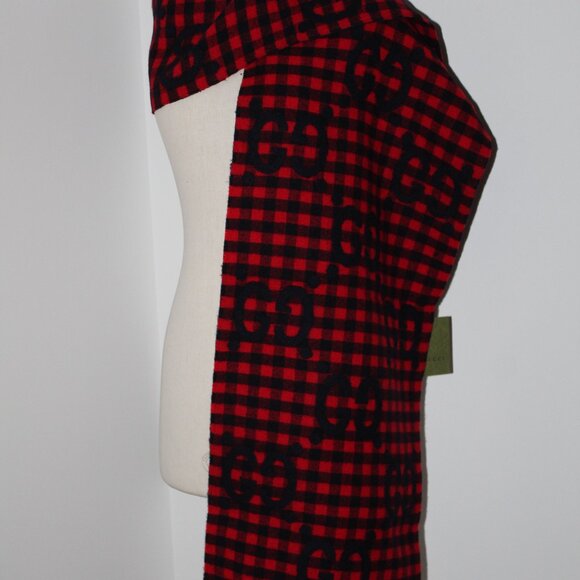 NWT Gucci Red Black Diamond Check GG Logo Scarf Wool Blend - Picture 2 of 8